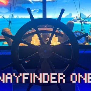 Könnte beinhalten: Ein dunkelbraunes hölzernes Schiffssteuerrad vor einem Bildschirm, der eine nautische Videospielszene mit blauem Wasser und Inseln zeigt. Der Text WAYFINDER ONE ist in einer weiß-roten, verpixelten Schrift am unteren Bildrand gedruckt.