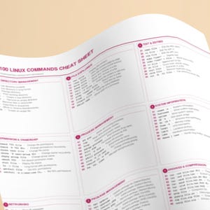 Peut inclure: Une fiche de r&eacute;f&eacute;rence blanche intitul&eacute;e 100 Linux Commands Cheat Sheet avec du texte et des lignes de grille magenta. Le document est organis&eacute; en sections incluant File & Directory Management, File Explorer, Test & Editing et System Information.