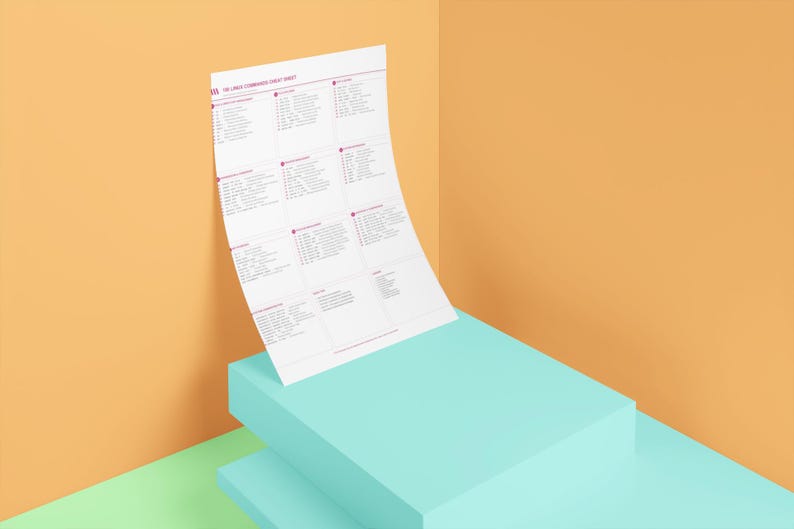 Peut inclure: Une fiche de r&eacute;f&eacute;rence rectangulaire blanche avec du texte rouge fonc&eacute; intitul&eacute;e THE LINUX COMMANDER CHEAT SHEET. Le document pr&eacute;sente une mise en page en grille organis&eacute;e en plusieurs sections avec des listes de commandes et descriptions.