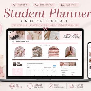 Peut inclure: Un modèle Notion de planificateur étudiant numérique affiché sur un écran d'ordinateur portable et de smartphone. L'interface présente une palette de couleurs rose pâle, des images esthétiques, un calendrier, un emploi du temps et le texte Student Planner.