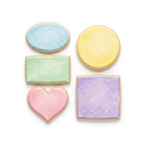 May include: Five sugar cookies in various shapes including an oval, a circle, a rectangle, a heart, and a square. Each cookie is decorated with a smooth, metallic-sheen icing in pastel colors: light blue, yellow, light green, pink, and purple.