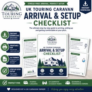 May include: A digital UK Touring Caravan Arrival & Setup Checklist featuring a white caravan illustration, pine trees, and mountains. The document includes step-by-step instructions for pitch arrival, caravan positioning, electric hook-up, and water and waste management.