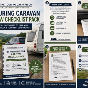 May include: A UK Touring Caravan Pre-Tow Checklist Pack featuring four essential checklists. The spiral-bound document includes sections for before leaving home, outside the caravan, hitching up, and final tow checks, presented with icons and text.