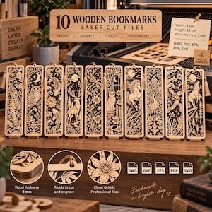 Può includere: Un set di 10 segnalibri rettangolari in legno con disegni tagliati al laser di animali, natura e fiori. Ogni segnalibro ha un foro per una nappa. Il testo recita 10 WOODEN BOOKMARKS LASER CUT FILES, NATURE, ANIMALS, FLORAL, ORNAMENTAL, Width: 6 cm, Height: 20 cm, Wood thickness: 3 mm.
