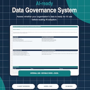 Puede incluir: Un documento digital titulado AI-ready Data Governance System sobre un fondo de cuadrícula azul oscuro con círculos verde azulado. El texto incluye Governance Toolkit Studio, 01/10 y secciones para enfoque de producto, público y uso interno.