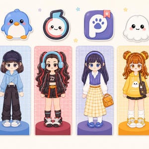 Op de afbeelding: Een set van zes geïllustreerde papieren poppen met diverse outfits en accessoires, waaronder een televisie, pinguïn, muziek-app-icoon, pootafdruk, spook en hart-icoon, gerangschikt in een rij met kleurrijke achtergronden en rasters.