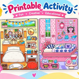 以下が含まれることがあります： 家具、アクセサリー、キャラクターが描かれた2つの寝室シーンを特徴とする印刷可能なアクティビティシート。デザインには「Printable Activity」、「Fun」、「Creative」、「Educational」、「Kids Craft」、「Digital Download」といったテキストが含まれ、カラフルな鉛筆とハサミが周囲に配置されています。