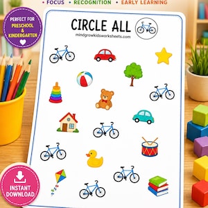 Könnte beinhalten: Ein digitales Lernarbeitsblatt mit dem Titel CIRCLE ALL, das verschiedene bunte Illustrationen wie Fahrräder, ein Auto, einen Baum, einen Stern, ein Haus, einen Teddybären, einen Ball, eine Trommel, eine Ente, einen Drachen und Bücher zeigt.
