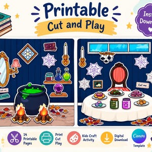 May include: A printable cut and play digital download featuring two scenes with a witchy theme. Elements include a cauldron with green liquid, a dining table with food, spider webs, candles, a mirror, a crystal ball, and scattered autumn leaves.