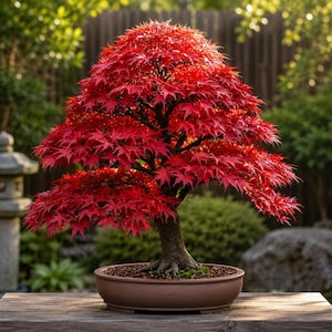 May include: A vibrant Japanese maple bonsai tree with dense, bright red, palmate leaves. The tree features a thick, textured brown trunk with visible roots extending into the soil, housed in a shallow, round, matte brown ceramic pot.