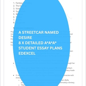 Könnte beinhalten: Ein Dokument mit dem Titel A STREETCAR NAMED DESIRE - ESSAY PLANS, das ein Inhaltsverzeichnis und detaillierte Lernnotizen enthält. Der Text umfasst A STREETCAR NAMED DESIRE, 8 X DETAILED A*A*A* STUDENT ESSAY PLANS und EDEXCEL in Schwarz.