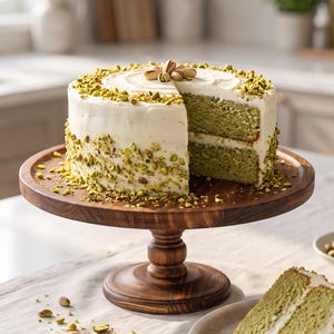May include: A round, two-layer pistachio cake with light green sponge and white frosting, topped with chopped pistachios and whole nuts. The cake sits on a dark brown wooden pedestal stand, with a single slice served on a small plate.