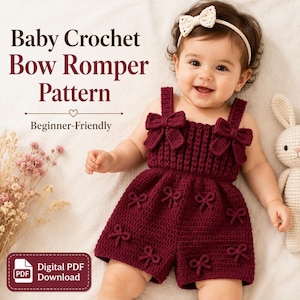 Baby Crochet Bow Romper Pattern PDF | Crochet Baby Outfit | Newborn to 24 Months | Instant Download | Beginner Friendly Tutorial