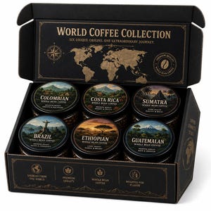 May include: A black cardboard box labelled World Coffee Collection containing six glass jars of whole bean coffee. The labels feature illustrations of Colombia, Costa Rica, Sumatra, Brazil, Ethiopia, and Guatemala with descriptive text for each origin.
