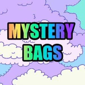 May include: A colorful graphic with a rainbow gradient text that reads "MYSTERY BAGS" against a background of pastel blue, purple, and white clouds.