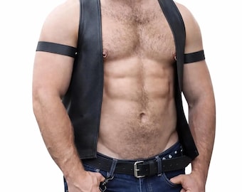 Men's Real Cowhide Leather Bartender Vest, Handmade Vintage Open Front Waistcoat
