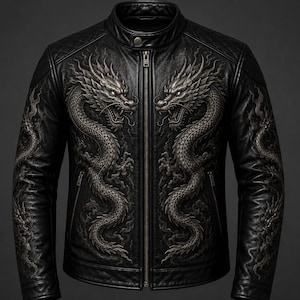 Peut inclure: Une veste en cuir noir présentant un motif gaufré détaillé de deux dragons symétriques se faisant face sur les panneaux avant. La veste comprend un col montant avec un bouton-pression, une fermeture éclair centrale et des détails matelassés aux épaules.