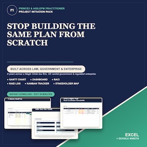 May include: A digital project initiation pack for PRINCE2 and AgilePM practitioners. The dark blue graphic features white text, including the title STOP BUILDING THE SAME PLAN FROM SCRATCH, and displays previews of Excel and Google Sheets templates.
