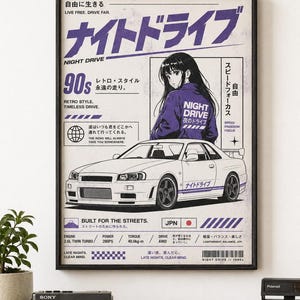 May include: A framed poster featuring a white sports car and an anime-style character in a purple jacket. The design includes Japanese and English text such as "NIGHT DRIVE," "90s," and "BUILT FOR THE STREETS," with technical specifications like "2.6L TWIN TURBO."