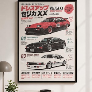 May include: A framed poster featuring three Toyota Celica XX cars in red, black, and white. The design includes Japanese and English text, technical specifications, and illustrations of the vehicles in different styles, all set against a light background.