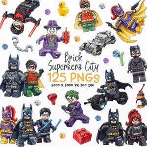 May include: A collection of watercolour-style illustrations featuring various superhero-themed plastic building block figures, vehicles, and accessories. The text reads Brick Superhero City 125 PNGS 5000 X 5000 PX 300 DPI, surrounded by characters like Batman, Robin, Batgirl, and the Joker.