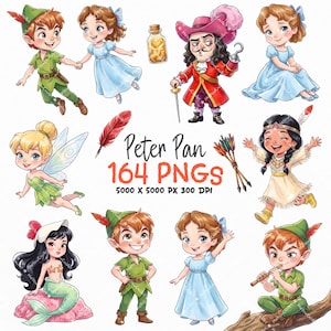 Puede incluir: Una colección digital de ilustraciones de Peter Pan con personajes como Peter Pan, Wendy, el Capitán Garfio, Campanilla, una sirena y un personaje indígena, junto a una pluma roja, flechas, un frasco y el texto Peter Pan 164 PNGS 5000 X 5000 PX 300 DPI.