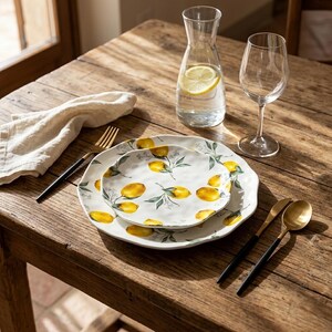 Peut inclure: Une assiette plate et une assiette à salade en céramique blanche, ornées d'un motif de citrons jaunes et de feuilles vertes avec des bords festonnés. L'ensemble comprend une carafe en verre avec une tranche de citron, un verre à vin et des couverts dorés.