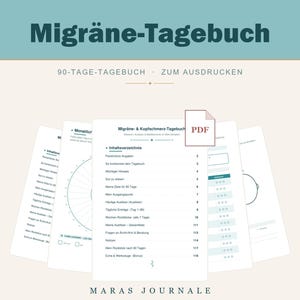 May include: A digital 90-day migraine diary printable with the title Migräne-Tagebuch. The pages feature a table of contents, monthly tracking charts, and daily entry logs with sections for symptoms and medication, all presented in a clean layout.