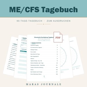 Puede incluir: Un diario digital de 90 días para el SFC/EM en formato PDF titulado ME/CFS Tagebuch. El documento incluye una tabla de contenidos, páginas de seguimiento diario y gráficos circulares para monitorear síntomas, con un diseño limpio y texto verde azulado.