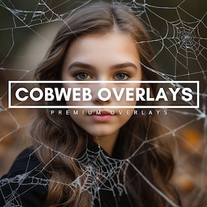May include: A digital graphic featuring white cobweb overlays layered over a portrait of a person with long brown hair. The text COBWEB OVERLAYS is centred in a white rectangular frame, with the words PREMIUM OVERLAYS positioned directly below.