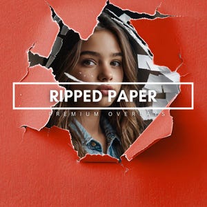Puede incluir: Una hoja de papel de color rojo brillante con un agujero irregular y dentado en el centro, que revela el retrato de una persona con cabello largo y castaño. El texto RIPPED PAPER está impreso en blanco dentro de un marco, con PREMIUM OVERLAYS debajo.