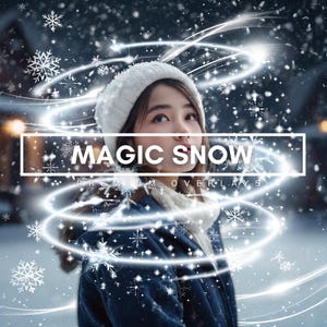 May include: A digital graphic overlay featuring the text MAGIC SNOW PREMIUM OVERLAYS in a white rectangular frame. The design includes swirling white light trails and detailed snowflake patterns against a dark, blurred winter background.