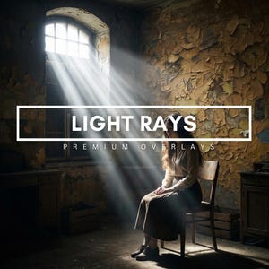 May include: A digital graphic overlay featuring the text LIGHT RAYS PREMIUM OVERLAYS centered over a scene of a person sitting on a wooden chair in a room with peeling yellow walls, illuminated by bright light rays streaming from a window.