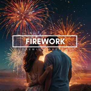 Puede incluir: Un gráfico digital que muestra fuegos artificiales multicolores estallando en un cielo nocturno. Centrado en un marco rectangular blanco aparece el texto FIREWORK, con las palabras PREMIUM OVERLAYS situadas debajo en letra pequeña.