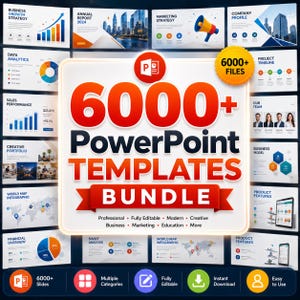 Puede incluir: Un paquete digital de más de 6000 plantillas de PowerPoint con un cuadrado blanco central que muestra el logotipo rojo de PowerPoint y el texto 6000+ PowerPoint Templates Bundle, rodeado de varios diseños de diapositivas, gráficos y mapas.