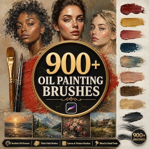 Op de afbeelding: Een digitale collectie van 900+ olieverfkwasten met een centraal rond embleem met de tekst 900+ OIL PAINTING BRUSHES, twee penselen, portretten van drie personen en een verticale kolom met diverse olieverfkleurstalen.