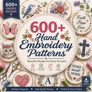 Puede incluir: Una colección de patrones de bordado a mano con un letrero circular central con el texto 600+ Hand Embroidery Patterns, rodeado de varios bastidores de bordado que muestran diseños de un pájaro, flores, una cruz, un gato y texto.