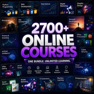 Può includere: Una grafica digitale con il testo 2700+ ONLINE COURSES e ONE BUNDLE. UNLIMITED LEARNING., circondata da varie icone ed etichette che rappresentano argomenti come la programmazione Python, la scienza dei dati e la sicurezza informatica.