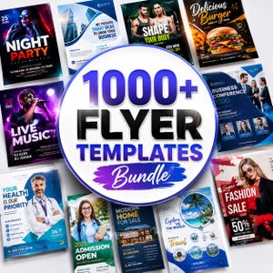Könnte beinhalten: Eine digitale Sammlung von über 1000 Flyer-Vorlagen mit einer zentralen kreisförmigen Grafik mit dem Text 1000+ FLYER TEMPLATES Bundle, umgeben von verschiedenen Werbedesigns für Business-, Fitness-, Lebensmittel-, Musik- und Modeveranstaltungen.