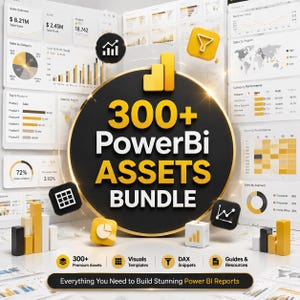 May include: A circular black and gold sign with the text 300+ PowerBi ASSETS BUNDLE, surrounded by various data visualisation charts, graphs, and icons. Below, a black bar displays the text Everything You Need to Build Stunning Power BI Reports.