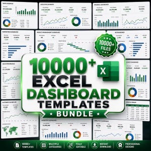 Pode incluir: Um pacote digital de mais de 10000 modelos de painéis do Excel, apresentando vários gráficos de análise de negócios, relatórios financeiros e gestão de projetos. O gráfico central exibe o texto 10000+ EXCEL DASHBOARD TEMPLATES BUNDLE.