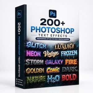 May include: A rectangular software box featuring the Adobe Photoshop logo and the text 200+ PHOTOSHOP TEXT EFFECTS. The cover displays various stylised word examples including Glitch, Luxury, Neon, Vintage, Frozen, Storm, Galaxy, Fire, Golden, Comic, Dark, Nature, H2O, and Bold.
