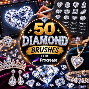 Könnte beinhalten: Ein digitales Kunstset mit dem Titel 50 Diamond Brushes for Procreate, das eine zentrale kreisförmige Grafik mit goldenem Text zeigt, umgeben von verschiedenen Illustrationen von Diamantschmuck wie Ringen, einem Diadem, Ohrringen und einer Kette.