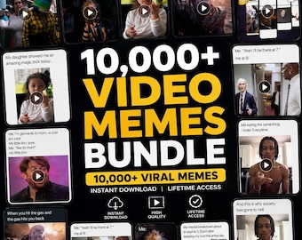 May include: A digital product advertisement for a 10,000+ video memes bundle featuring large yellow and white text on a black background. The graphic displays numerous small video thumbnails with various meme captions and play icons.