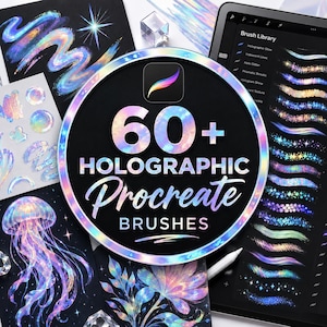Puede incluir: Una colección digital de 60+ pinceles holográficos para Procreate en la pantalla de una tableta. El gráfico circular central muestra el texto 60+ HOLOGRAPHIC Procreate BRUSHES, rodeado de trazos iridiscentes, una medusa y arte floral.
