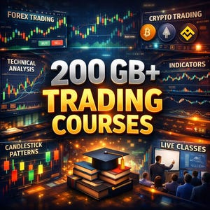 May include: A digital graphic featuring the text 200 GB+ TRADING COURSES with a stack of books topped by a graduation cap. The background displays various financial charts, candlestick patterns, and labels including FOREX TRADING and CRYPTO TRADING.