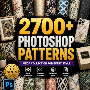 Può includere: Una collezione digitale di oltre 2700 pattern Photoshop con design vari, inclusi motivi floreali, marmorizzati, geometrici e a foglia. L'immagine mostra applicazioni come arte incorniciata, una cover per telefono e una scatola, con il testo 2700+ PHOTOSHOP PATTERNS.