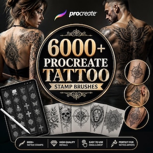 May include: A digital collection of 6000+ Procreate tattoo stamp brushes featuring black and white graphic designs of skulls, roses, lions, and compasses. The set includes a tablet interface, sample prints, and examples of tattoos on skin.
