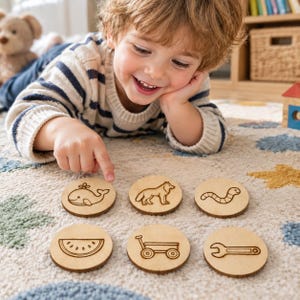 Könnte beinhalten: Sechs kreisförmige Holzplättchen mit lasergravierten Abbildungen eines Wals, eines Wolfs, eines Wurms, einer Wassermelonenscheibe, eines kleinen Wagens und eines Schraubenschlüssels. Die hellen Holzscheiben liegen in zwei Reihen auf einer Fläche.