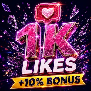 May include: A vibrant graphic featuring the text 1K LIKES in large, faceted, magenta-pink crystalline letters topped with a glowing heart icon. Below, the word LIKES appears in white, followed by a gold banner displaying the text +10% BONUS.